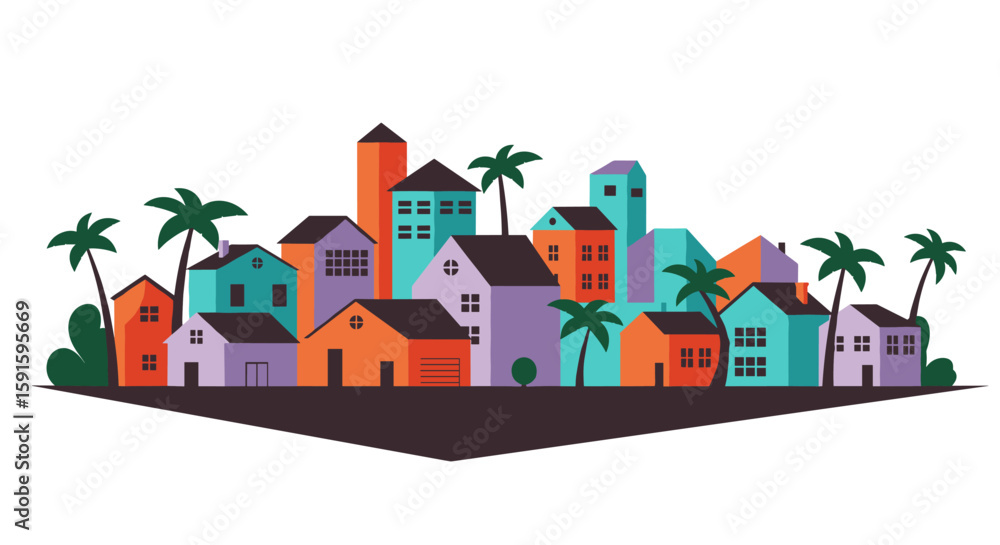 Fototapeta premium Colorful geometric cityscape with palm trees in modern flat design