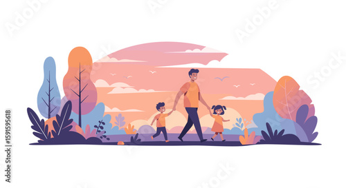 Family stroll in scenic park during sunset in modern flat design