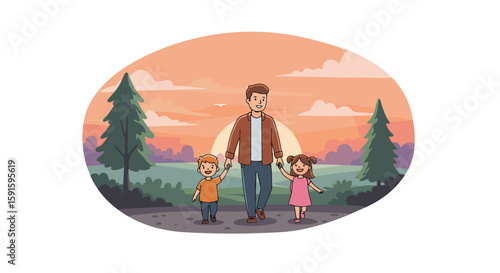 Family stroll at sunset: father with kids in nature