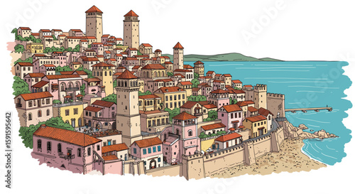 Charming coastal townscape with historic architecture and sea view