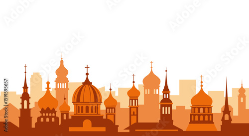 Sunset silhouette of moscow skyline with iconic russian architecture
