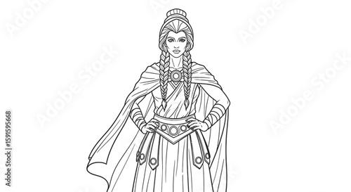 Noble Woman in Ancient Attire: This intricate line drawing unveils a regal figure, a noble woman adorned in period garments. The image is an elegant exploration of historical fashion.