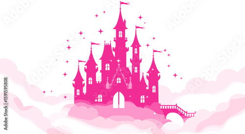 Enchanting pink fantasy castle with sparkling stars and clouds
