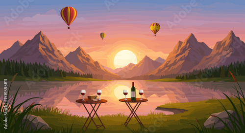Sunset lakeside picnic with wine and hot air balloons over scenic mountains