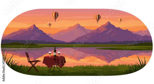 Scenic sunset with hot air balloons over lake and mountains with wine setting