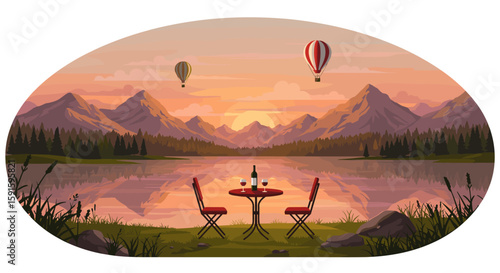 Scenic sunset picnic by a mountain lake with hot air balloons in the sky