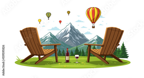Majestic mountain view with hot air balloons and relaxing wood chairs