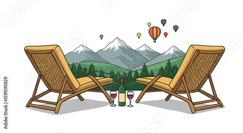 Scenic mountain view with hot air balloons from relaxing lounge chairs