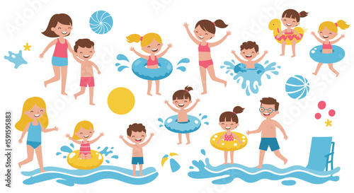 Cute cartoon style kids playing in pool with inflatable toys