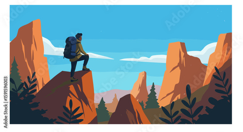 Hiker admiring mountain landscape in vibrant cartoon style art