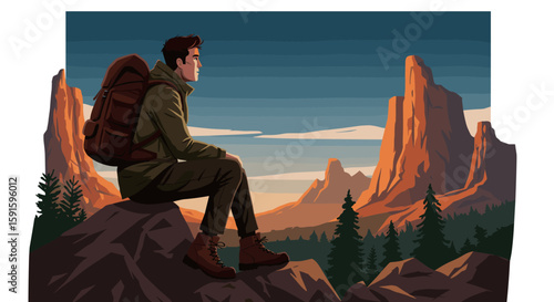 Adventurer contemplating scenic mountain landscape at sunset