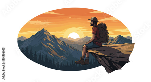Adventurous hiker watching mountain sunrise in vintage style