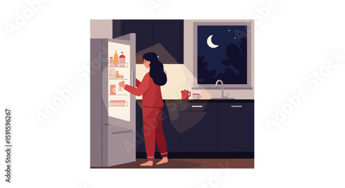 Nighttime kitchen scene with woman in pajamas searching fridge under moonlit sky