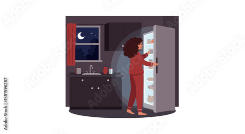 Woman in pajamas opens fridge at night in cozy kitchen scene
