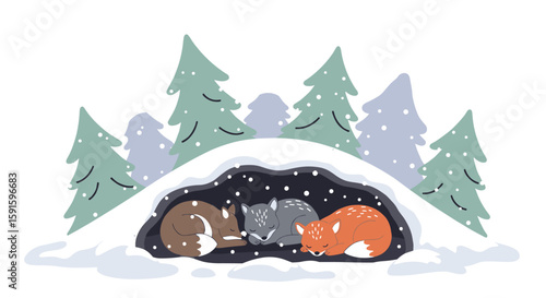 Winter woodland animals sleeping in a snowy cave shelter with evergreen trees