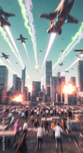 A futuristic cityscape under aerial attack, with people fleeing a war zone.