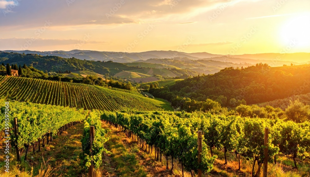 Fototapeta premium Panoramic vineyard landscape at golden sunset