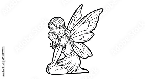 Fairy Kneeling Wings Folded Intricate Adult Coloring Page Serene Whimsical Fantasy Art