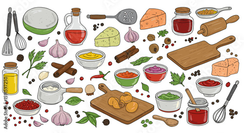 Colorful cooking ingredients and utensils with cartoon style