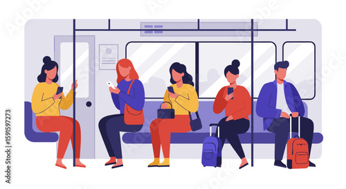 Flat style commuters on train using smartphones and tablets