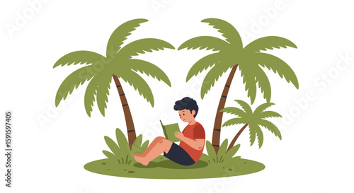 Child reading under palm trees: tranquil beachside scene in flat style