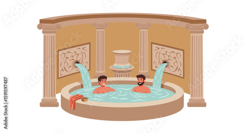 Relaxing in a roman bath with cascading water and columns