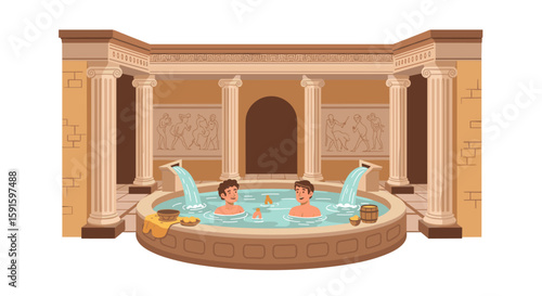 Ancient roman bath: relaxation in classical architecture with flowing fountains