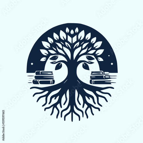 Create a navy blue logo of a tree whose roots are shaped like books,education and growth fusion