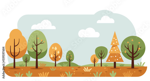 Charming autumn landscape with cute trees and clouds in a minimalist cartoon style