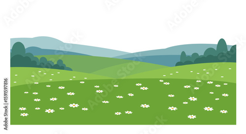 Tranquil landscape with rolling hills and wildflowers in flat style