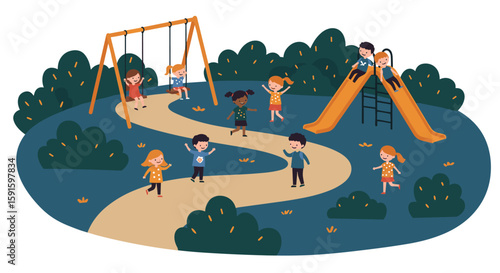 Kids playing in park with swings and slides in a flat cartoon style