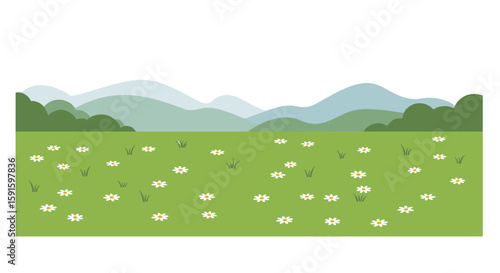 Serene spring meadow with daisies and rolling hills in flat design style