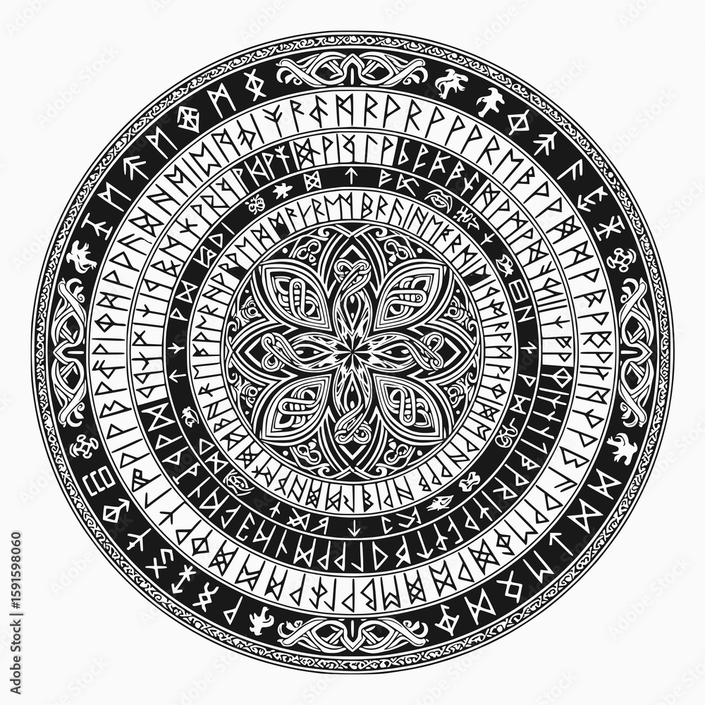 Fototapeta premium Create a mandala using ancient runes and circle borders,detailed black line art in solid fill