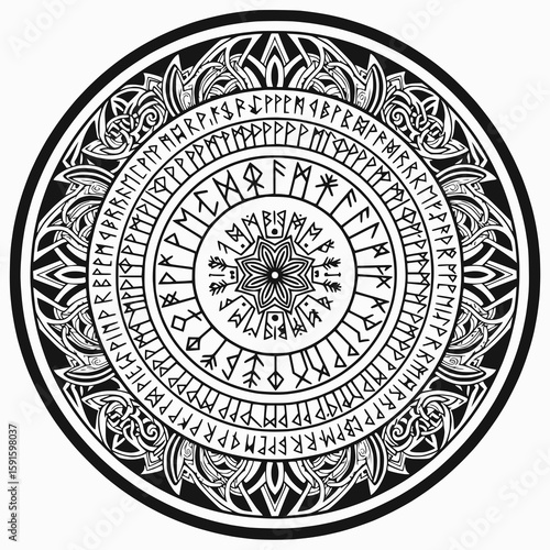 Create a mandala using ancient runes and circle borders, detailed black line art in solid fill