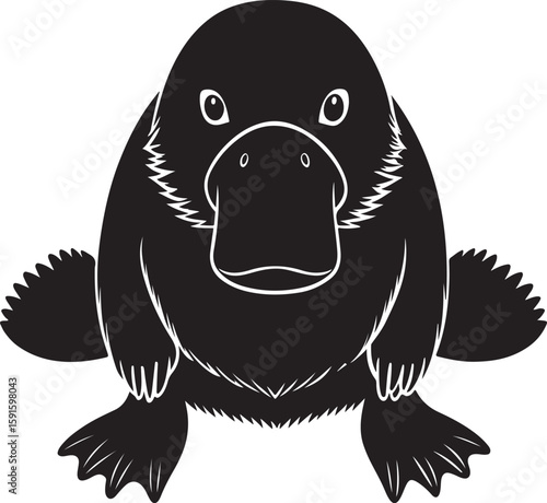 A stylized illustration of a charming platypus rendered in a striking black and white silhouette.