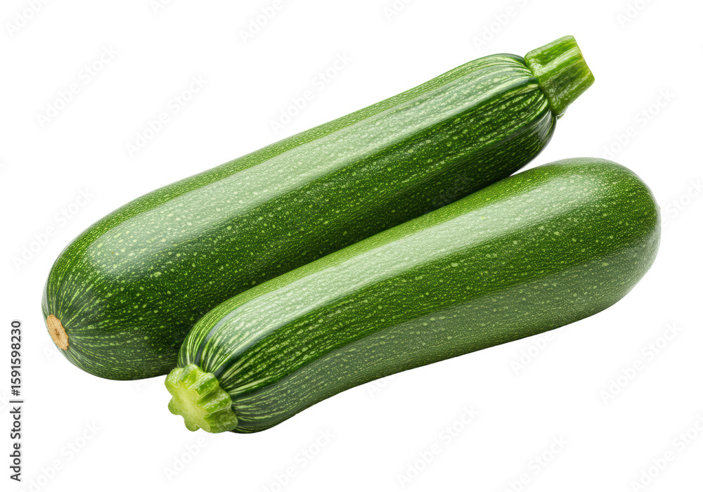 Two fresh green zucchinis with speckled skin and intact stems, ripe, side-by-side on a transparent seamless isolated studio background with bright, shadowless illumination, slightly high angle, sharp Two fresh green zucchinis with speckled skin and intact stems, ripe, side-by-side on a transparent seamless isolated studio background with bright, shadowless illumination, slightly high angle, sharp