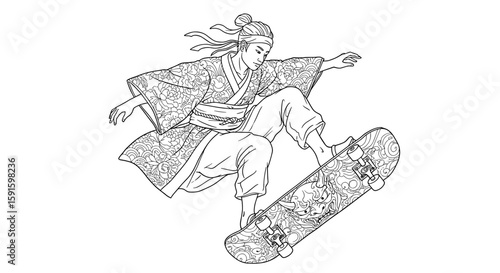 Intricate skater girl in kimono performing trick with ornate skateboard