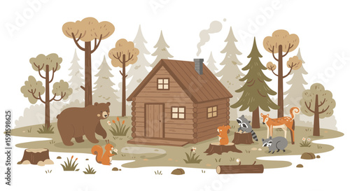 Rustic cabin in forest with wildlife including bear and deer in flat cartoon style