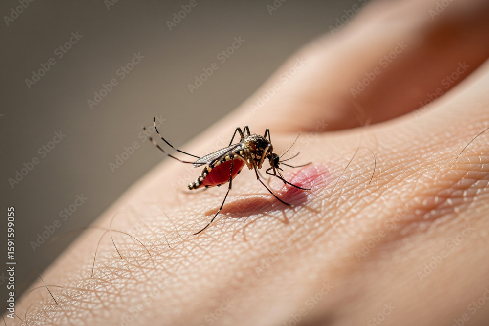Obraz premium Macro Photography: Mosquito Feeding on Human Skin, Detailed Close-up