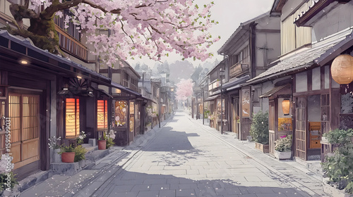 anime wallpaper featuring Tokyo and Japanese streets during cherry blossom season, blending eco-friendly city views, beautiful backgrounds, and village architecture, with light-filled skies