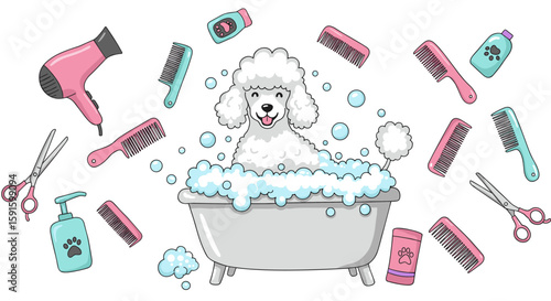 Adorable poodle in bath tub surrounded by grooming tools in cartoon style