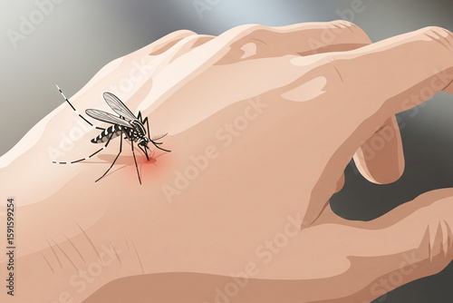 Mosquito Biting Human Hand, Vector Illustration of Insect Bite