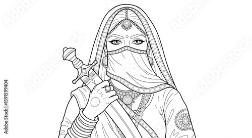 Powerful Indian Rajput Warrior Princess Dagger Adult Coloring Page Cultural Heritage