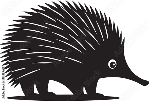 Simplified silhouette illustration of an echidna displaying spikes and long snout in black and white