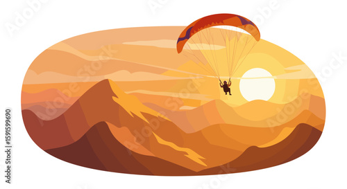 Paragliding adventure at sunset with mountain landscape in warm tones