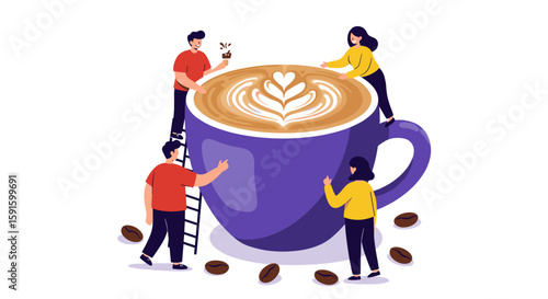 Giant coffee cup with people creating latte art in flat style