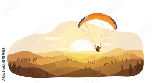 Paraglider soaring over sunset hills with vibrant landscape in flat design