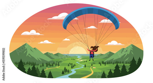 Paraglider soaring over mountainous landscape at sunrise