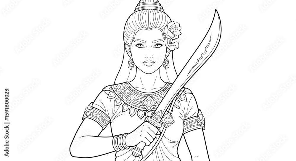Fototapeta premium Khmer Warrior Princess with Traditional Blade Coloring Page for Adults Ancient History