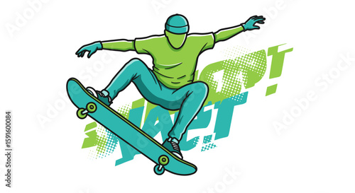 Dynamic skateboarder in mid-air action with vibrant pop art style